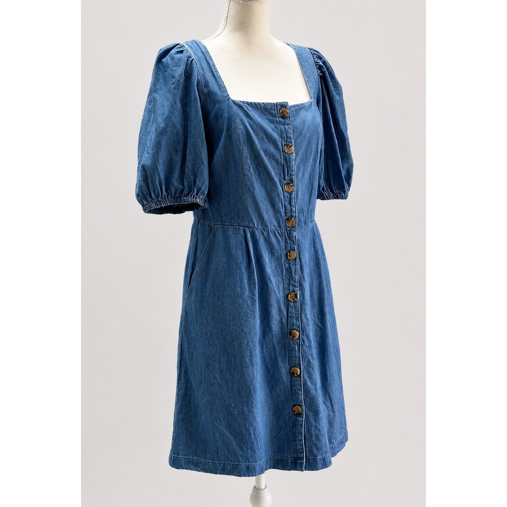 Milkmaid Cottagecore Old Navy Blue Chambray Dress Sz Medium Tall Puff Sleeve